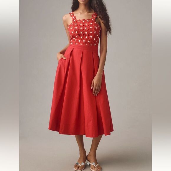 Maeve x Anthropologie Crochet Poplin Halter Midi Dress in Red - Picture 1 of 11